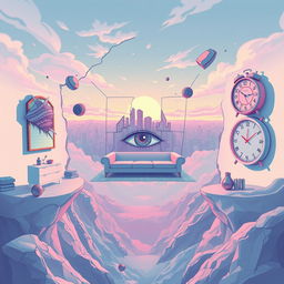 A contemporary surrealist illustration featuring a fragmented dreamlike landscape