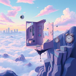 A contemporary surrealist illustration featuring a fragmented dreamlike landscape