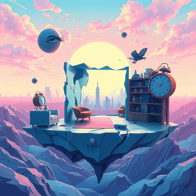 A contemporary surrealist illustration featuring a fragmented dreamlike landscape