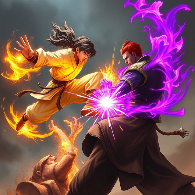 An exciting scene featuring a martial artist (Pendekar) with a glowing golden aura and slightly long hair, leaping powerfully to attack another martial artist below