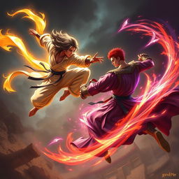 An exciting scene featuring a martial artist (Pendekar) with a glowing golden aura and slightly long hair, leaping powerfully to attack another martial artist below
