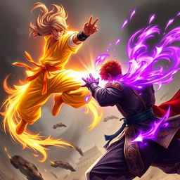 An exciting scene featuring a martial artist (Pendekar) with a glowing golden aura and slightly long hair, leaping powerfully to attack another martial artist below