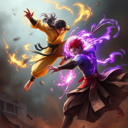 An exciting scene featuring a martial artist (Pendekar) with a glowing golden aura and slightly long hair, leaping powerfully to attack another martial artist below