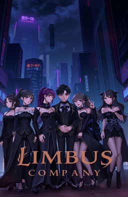 A visually stunning scene inspired by the 'Limbus Company', featuring a group of diverse characters dressed in elegant, somewhat gothic attire