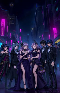 A visually stunning scene inspired by the 'Limbus Company', featuring a group of diverse characters dressed in elegant, somewhat gothic attire