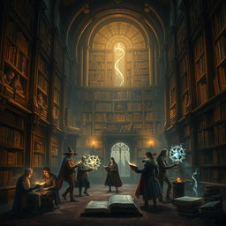 An enchanting and mysterious scene inspired by 'Library of Ruina', showcasing a grand, ancient library filled with towering shelves of books and scrolls
