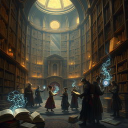 An enchanting and mysterious scene inspired by 'Library of Ruina', showcasing a grand, ancient library filled with towering shelves of books and scrolls