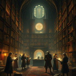 An enchanting and mysterious scene inspired by 'Library of Ruina', showcasing a grand, ancient library filled with towering shelves of books and scrolls