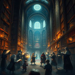 An enchanting and mysterious scene inspired by 'Library of Ruina', showcasing a grand, ancient library filled with towering shelves of books and scrolls