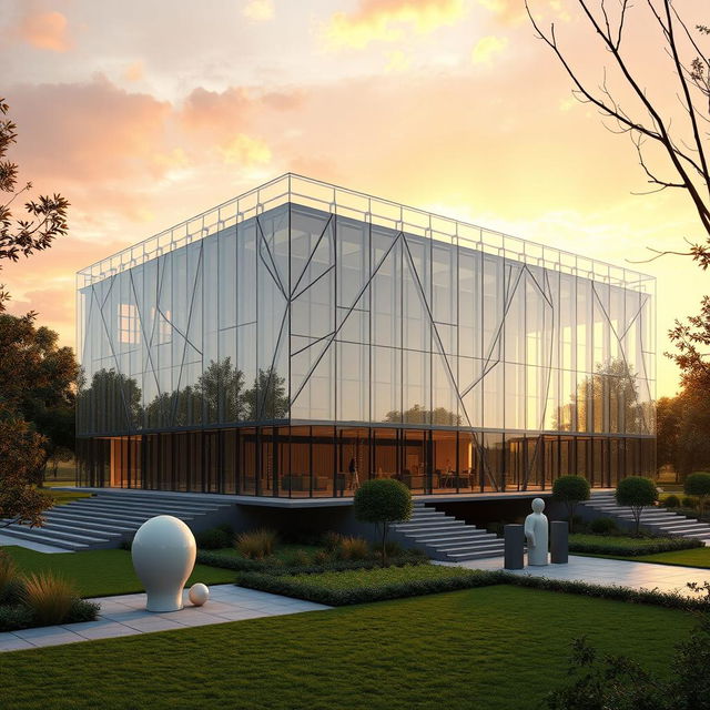 A highly detailed 3D rendering of a modern architectural design created using AutoCAD, featuring a sleek glass building with intricate geometric shapes, surrounded by a landscaped garden with contemporary sculptures