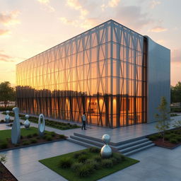 A highly detailed 3D rendering of a modern architectural design created using AutoCAD, featuring a sleek glass building with intricate geometric shapes, surrounded by a landscaped garden with contemporary sculptures