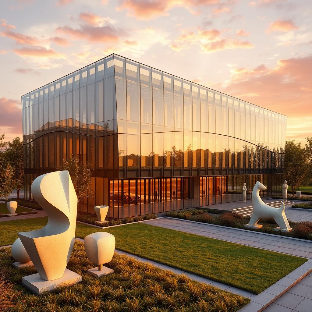 A highly detailed 3D rendering of a modern architectural design created using AutoCAD, featuring a sleek glass building with intricate geometric shapes, surrounded by a landscaped garden with contemporary sculptures