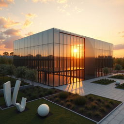 A highly detailed 3D rendering of a modern architectural design created using AutoCAD, featuring a sleek glass building with intricate geometric shapes, surrounded by a landscaped garden with contemporary sculptures