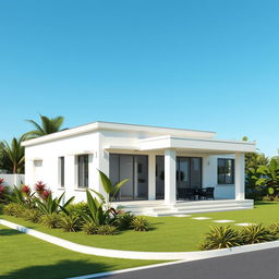 A detailed 3D rendering of a single-story house design created using AutoCAD, showcasing a modern and minimalist architectural style