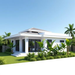 A detailed 3D rendering of a single-story house design created using AutoCAD, showcasing a modern and minimalist architectural style