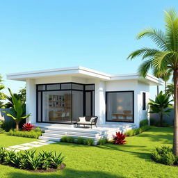 A detailed 3D rendering of a single-story house design created using AutoCAD, showcasing a modern and minimalist architectural style