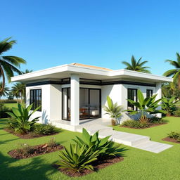 A detailed 3D rendering of a single-story house design created using AutoCAD, showcasing a modern and minimalist architectural style