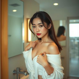 A beautiful young Japanese woman in a bathroom setting, showcasing an elegant and natural atmosphere