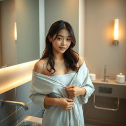 A beautiful young Japanese woman in a bathroom setting, showcasing an elegant and natural atmosphere