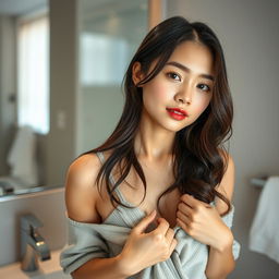 A beautiful young Japanese woman in a bathroom setting, showcasing an elegant and natural atmosphere