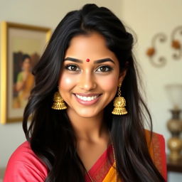 A vibrant portrait of a young woman with long, flowing dark hair, dressed in beautiful traditional Indian attire