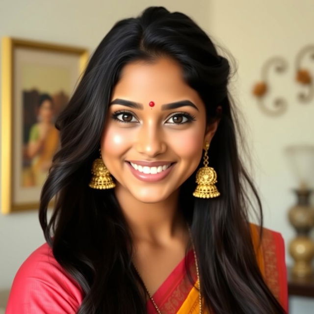 A vibrant portrait of a young woman with long, flowing dark hair, dressed in beautiful traditional Indian attire