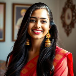 A vibrant portrait of a young woman with long, flowing dark hair, dressed in beautiful traditional Indian attire