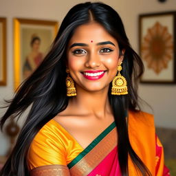 A vibrant portrait of a young woman with long, flowing dark hair, dressed in beautiful traditional Indian attire