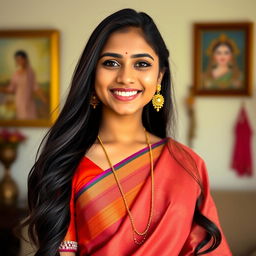 A vibrant portrait of a young woman with long, flowing dark hair, dressed in beautiful traditional Indian attire