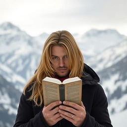 A portrait of a man with slightly long, golden hair partially covering his face, holding a book in front of him while standing against a stunning backdrop of snow-capped mountains