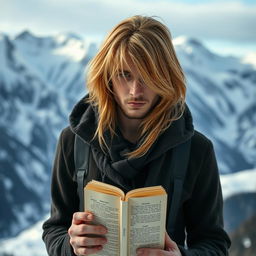A portrait of a man with slightly long, golden hair partially covering his face, holding a book in front of him while standing against a stunning backdrop of snow-capped mountains