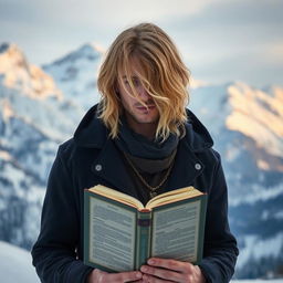 A portrait of a man with slightly long, golden hair partially covering his face, holding a book in front of him while standing against a stunning backdrop of snow-capped mountains