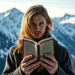 A portrait of a man with slightly long, golden hair partially covering his face, holding a book in front of him while standing against a stunning backdrop of snow-capped mountains