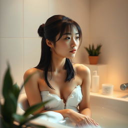 A beautiful young Japanese woman in a serene bathroom setting, displaying a sense of peace and privacy