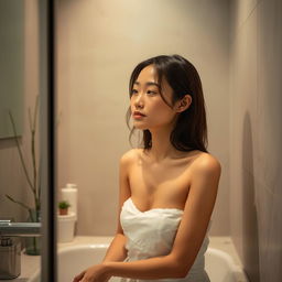 A beautiful young Japanese woman in a serene bathroom setting, displaying a sense of peace and privacy