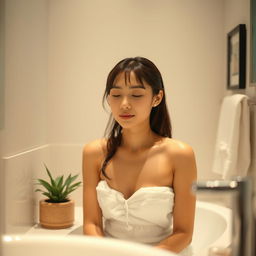 A beautiful young Japanese woman in a serene bathroom setting, displaying a sense of peace and privacy