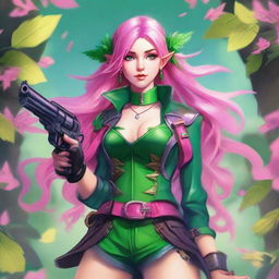 A high-quality digital art image of a young Spring Eladrin elf with shoulder-length vibrant pink hair and emerald green eyes