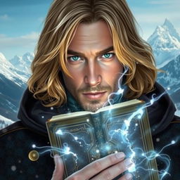 A portrait of a man with slightly long, golden hair, emanating a magical aura while holding a book that partially covers his face