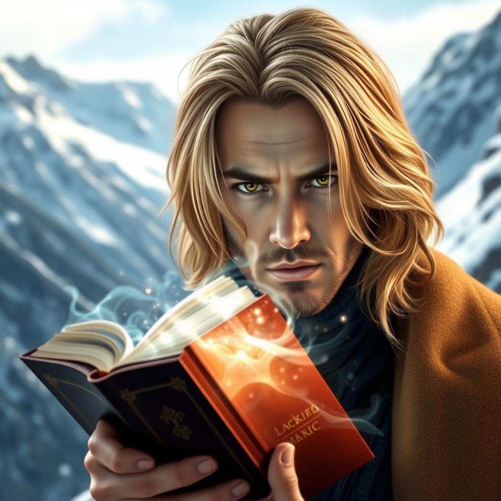 A portrait of a man with slightly long, golden hair, emanating a magical aura while holding a book that partially covers his face