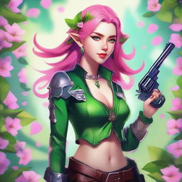 A high-quality digital art image of a young Spring Eladrin elf with shoulder-length vibrant pink hair and emerald green eyes