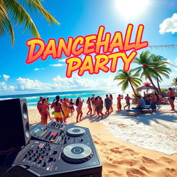 A vibrant and colorful cover art for a dancehall song, featuring a DJ setup on a sandy beach during a lively beach party