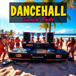A vibrant and colorful cover art for a dancehall song, featuring a DJ setup on a sandy beach during a lively beach party