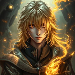 A mystical portrayal of a 17-year-old male grand wizard with slightly long, golden hair, partially obscuring his face with a magical aura that radiates a rich golden light