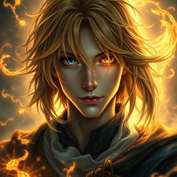 A mystical portrayal of a 17-year-old male grand wizard with slightly long, golden hair, partially obscuring his face with a magical aura that radiates a rich golden light