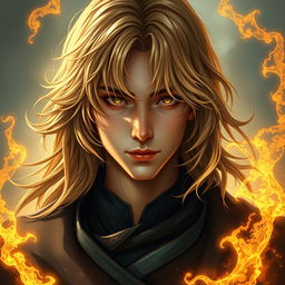 A mystical portrayal of a 17-year-old male grand wizard with slightly long, golden hair, partially obscuring his face with a magical aura that radiates a rich golden light
