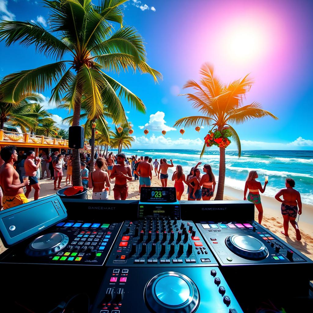 A vibrant and colorful cover art for a dancehall song, featuring a DJ setup on a sandy beach during a lively beach party