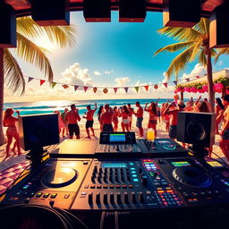 A vibrant and colorful cover art for a dancehall song, featuring a DJ setup on a sandy beach during a lively beach party