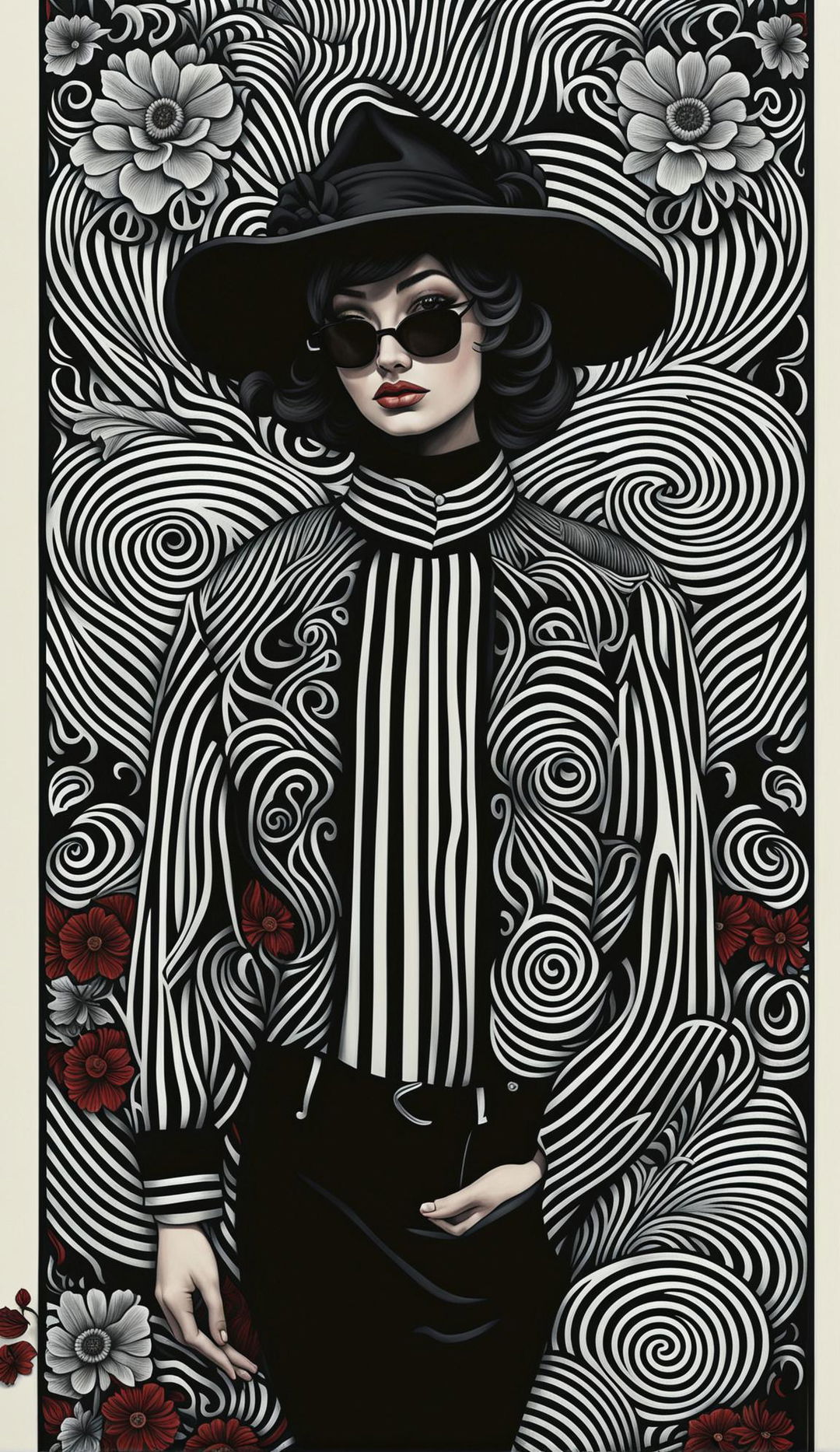 A high-quality digital art image featuring a figure in a black and white pinstripe shirt against an Art Nouveau backdrop