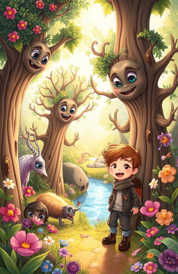 A vibrant and enchanting illustration of a magical forest filled with whimsical, talking trees, colorful flowers, and mystical creatures