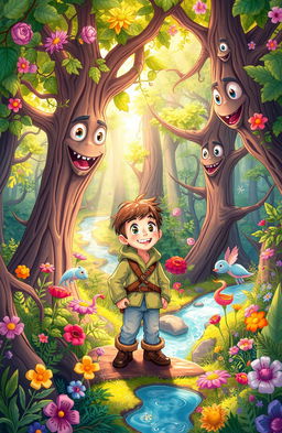 A vibrant and enchanting illustration of a magical forest filled with whimsical, talking trees, colorful flowers, and mystical creatures